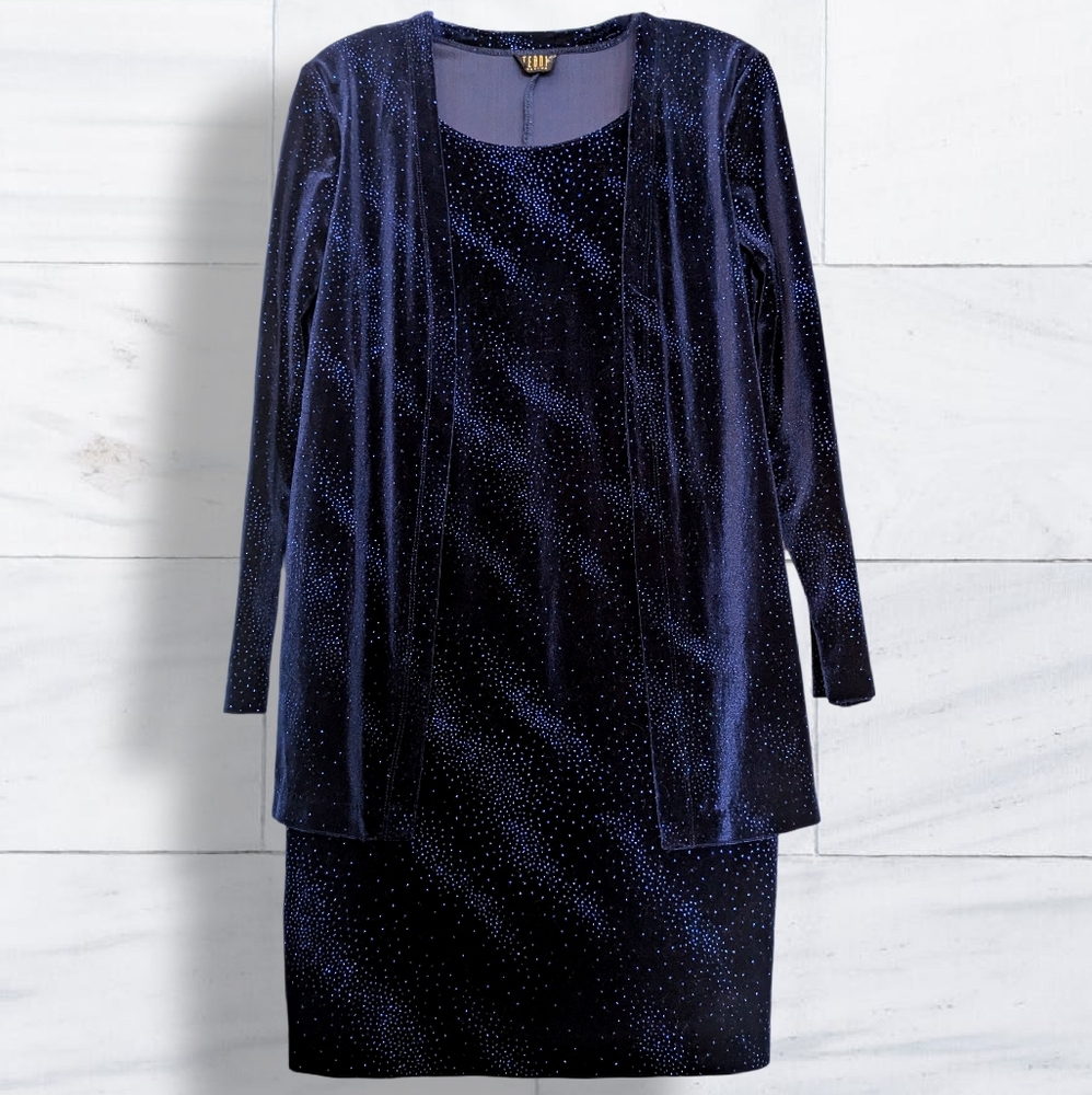 Teddi Evening Y2K Blue Metallic Stretch Dress sz M/L Long Sleeves Jacket